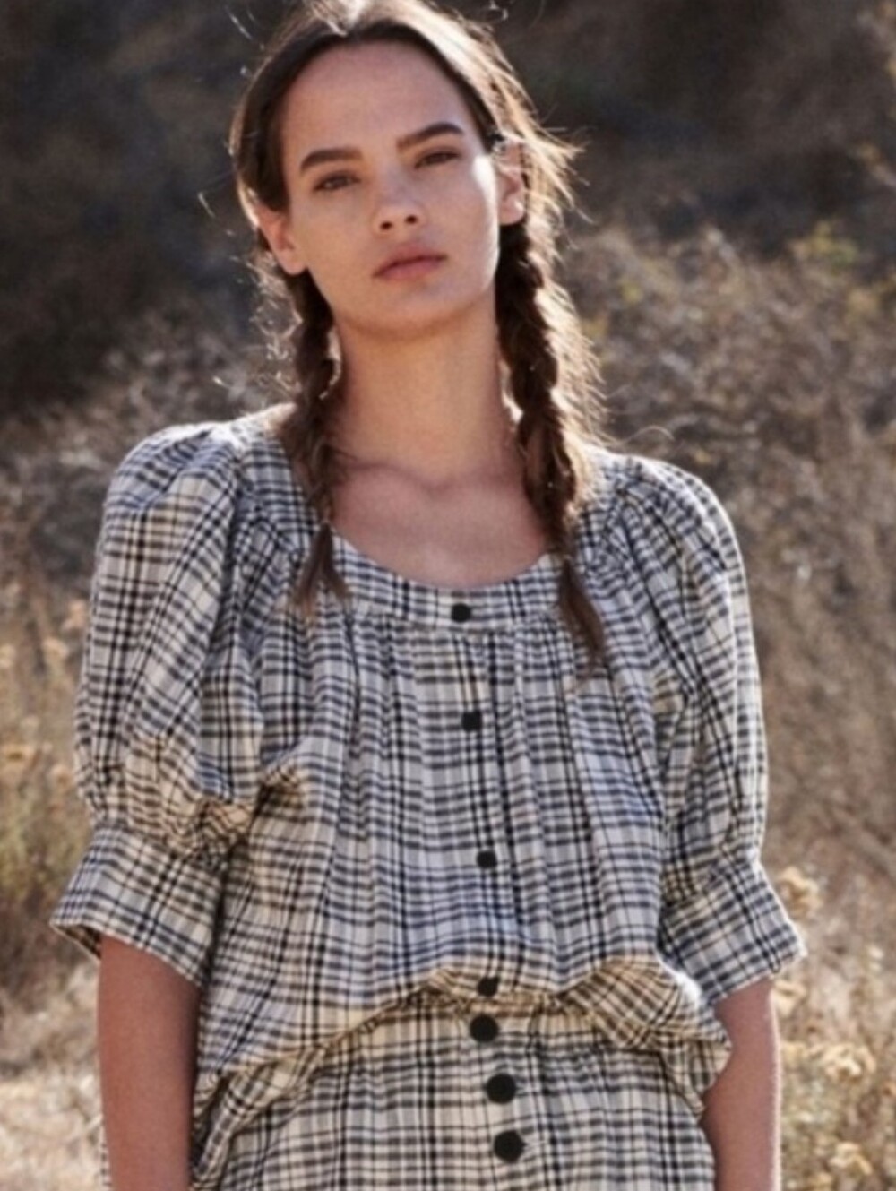The Great. The Puff Sleeve Button Up Blouse in Patchwork Plaid Sz Large